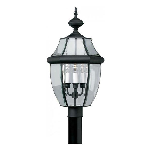 Forte Three Light Black Clear Beveled Panels Glass Post Light 1604-03-04